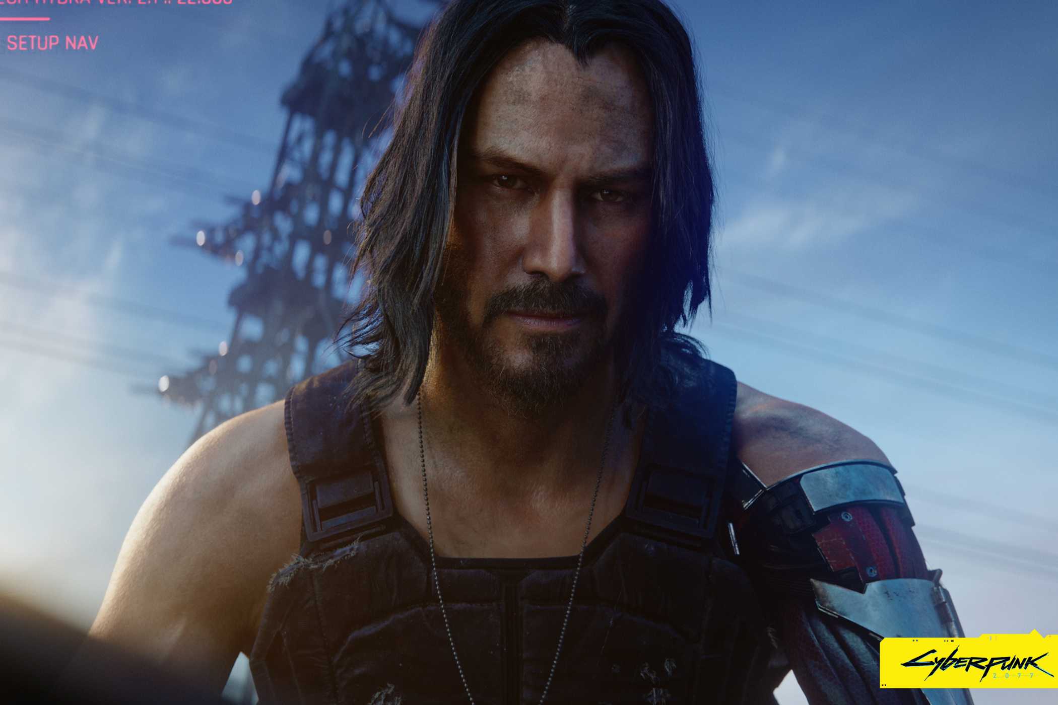 An image from the game "Cyberpunk 2077", showing actor Keanu Reeves as Johnny Silverhand.