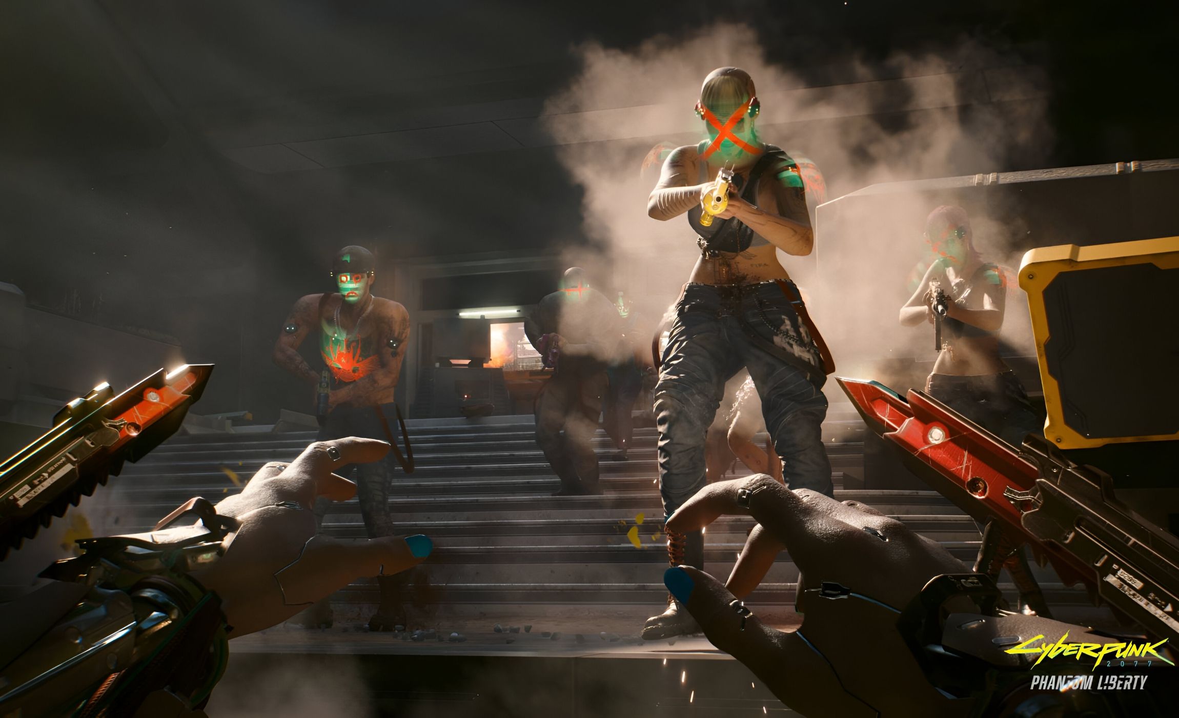 An image from Cyberpunk 2077, showing the protagonist, in first-person-view, ready their mantis arms (blades attached to their arms) in combat.