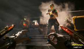 An image from Cyberpunk 2077, showing the protagonist, in first-person-view, ready their mantis arms (blades attached to their arms) in combat.