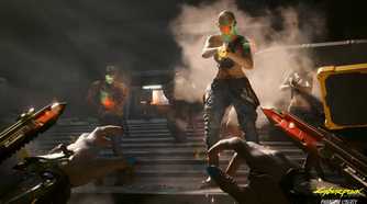 An image from Cyberpunk 2077, showing the protagonist, in first-person-view, ready their mantis arms (blades attached to their arms) in combat.