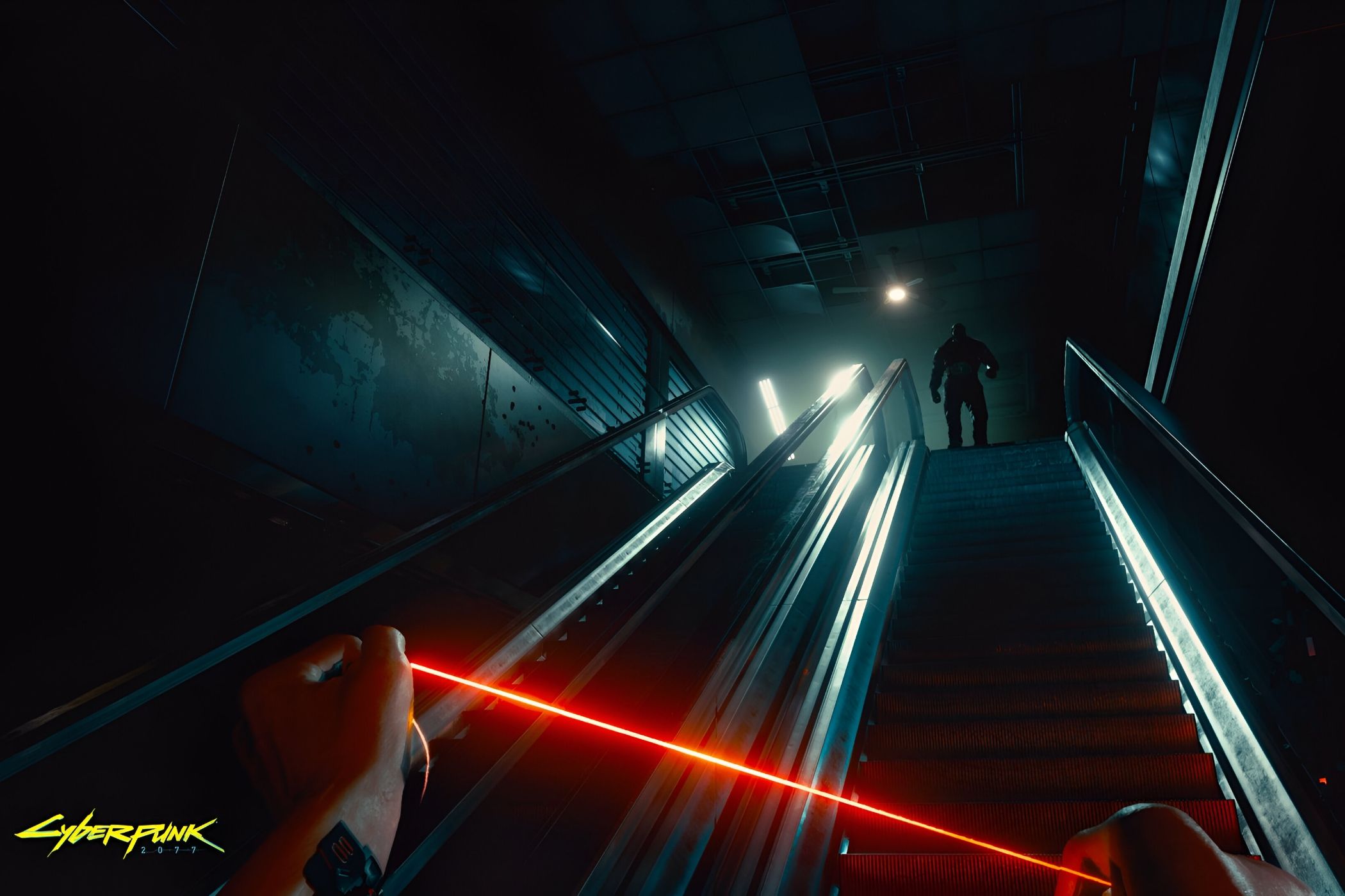 An image from Cyberpunk 2077, showing the protagonist, in first-person-view, wielding a glowing red nanowire while climbnig a set of stairs.