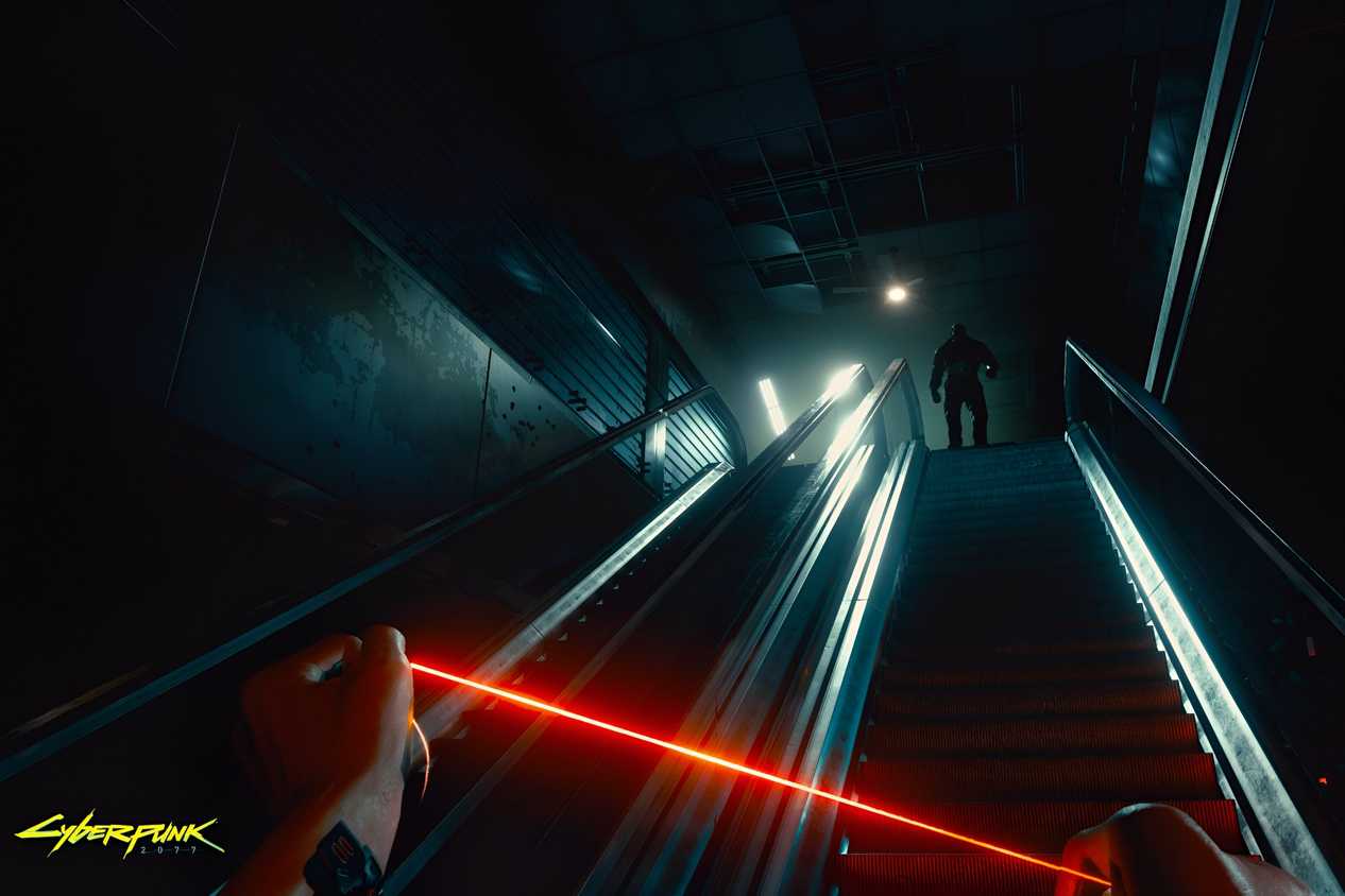 An image from Cyberpunk 2077, showing the protagonist, in first-person-view, wielding a glowing red nanowire while climbnig a set of stairs.