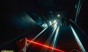 An image from Cyberpunk 2077, showing the protagonist, in first-person-view, wielding a glowing red nanowire while climbnig a set of stairs.