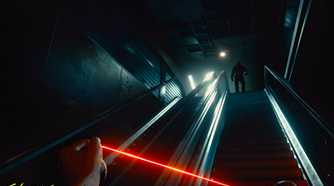 An image from Cyberpunk 2077, showing the protagonist, in first-person-view, wielding a glowing red nanowire while climbnig a set of stairs.