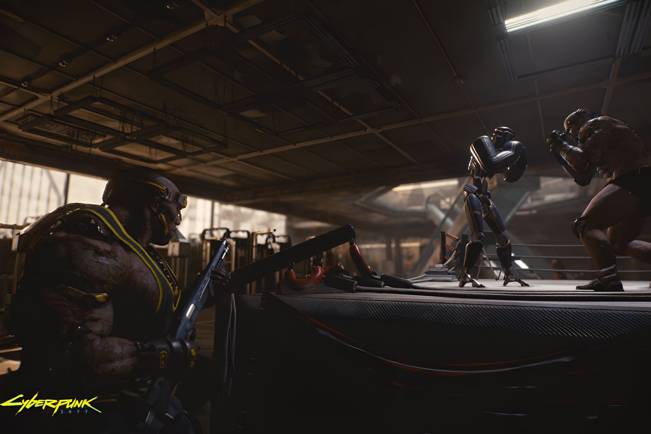 An image from Cyberpunk 2077, showing a boxing ring.