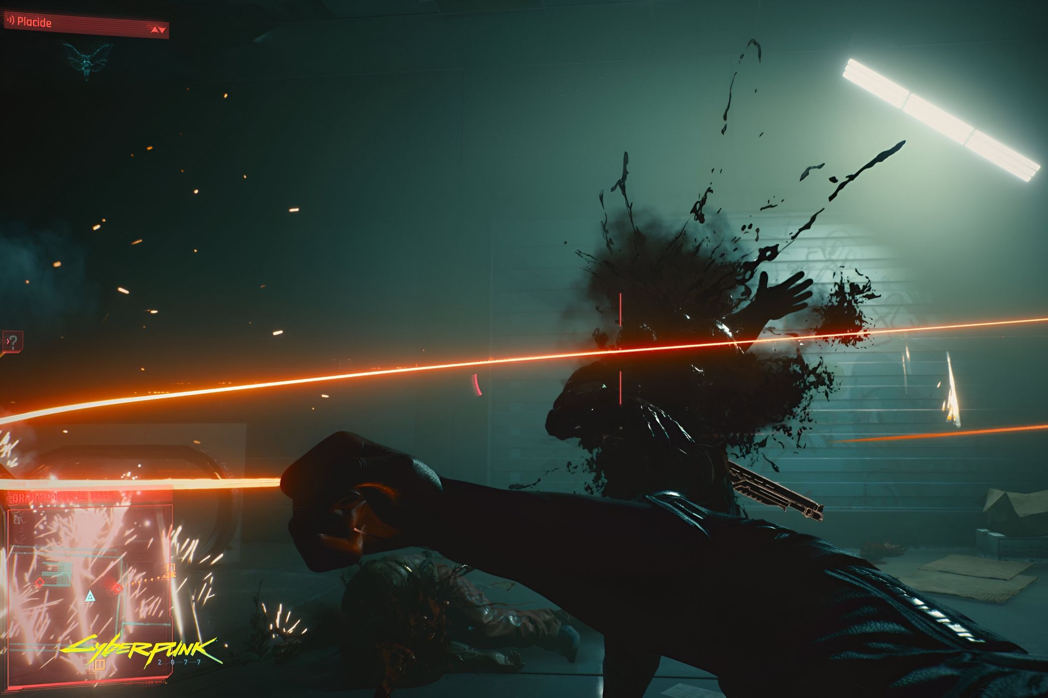 An image from Cyberpunk 2077, showing the protagonist, in first-person-view, wielding a nanowire to attack a hostile.