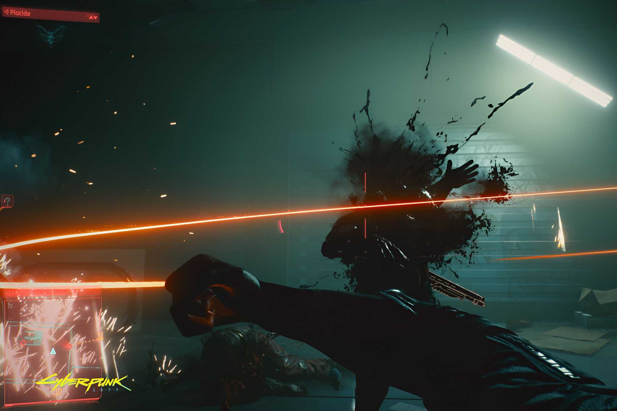 An image from Cyberpunk 2077, showing the protagonist, in first-person-view, wielding a nanowire to attack a hostile.