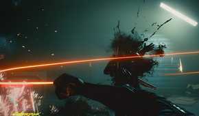 An image from Cyberpunk 2077, showing the protagonist, in first-person-view, wielding a nanowire to attack a hostile.