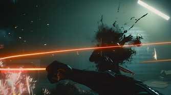 An image from Cyberpunk 2077, showing the protagonist, in first-person-view, wielding a nanowire to attack a hostile.