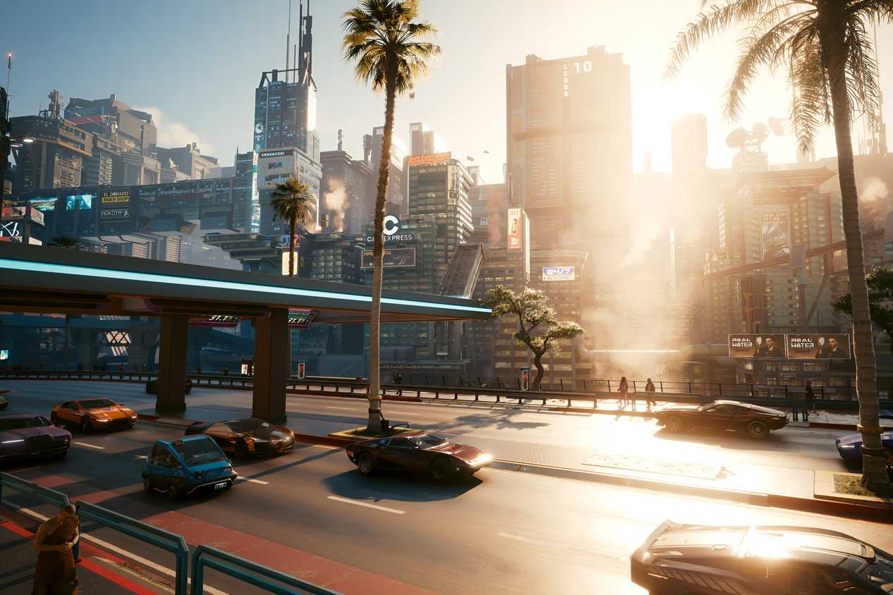 An image from Cyberpunk 2077, showing a busy highway in the middle of the day