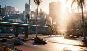 An image from Cyberpunk 2077, showing a busy highway in the middle of the day
