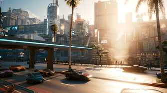 An image from Cyberpunk 2077, showing a busy highway in the middle of the day