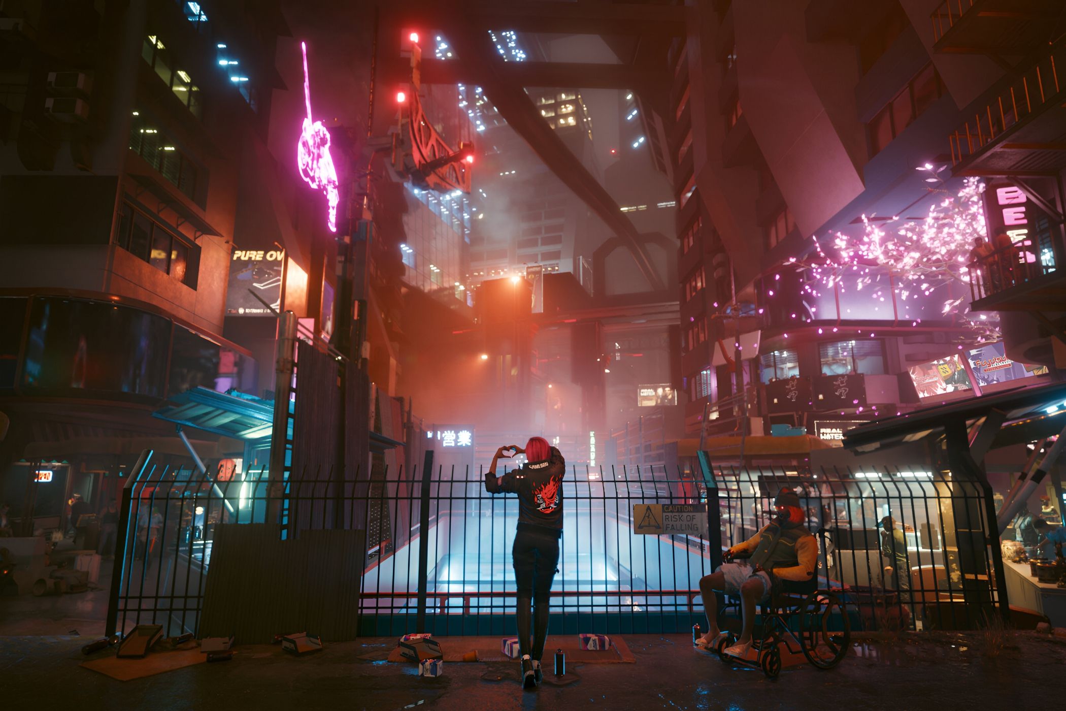An image from Cyberpunk 2077, showing the neon-lit Night City at nighttime.
