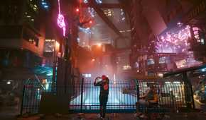 An image from Cyberpunk 2077, showing the neon-lit Night City at nighttime.