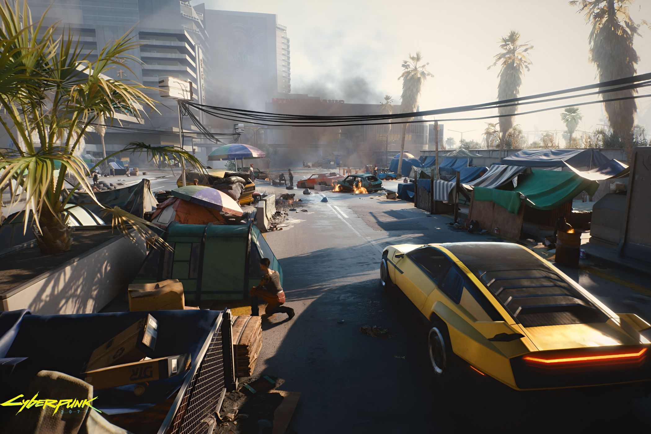An image from Cyberpunk 2077, showing a sports car driving through a slum district.
