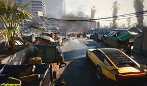 An image from Cyberpunk 2077, showing a sports car driving through a slum district.