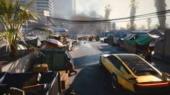 An image from Cyberpunk 2077, showing a sports car driving through a slum district.