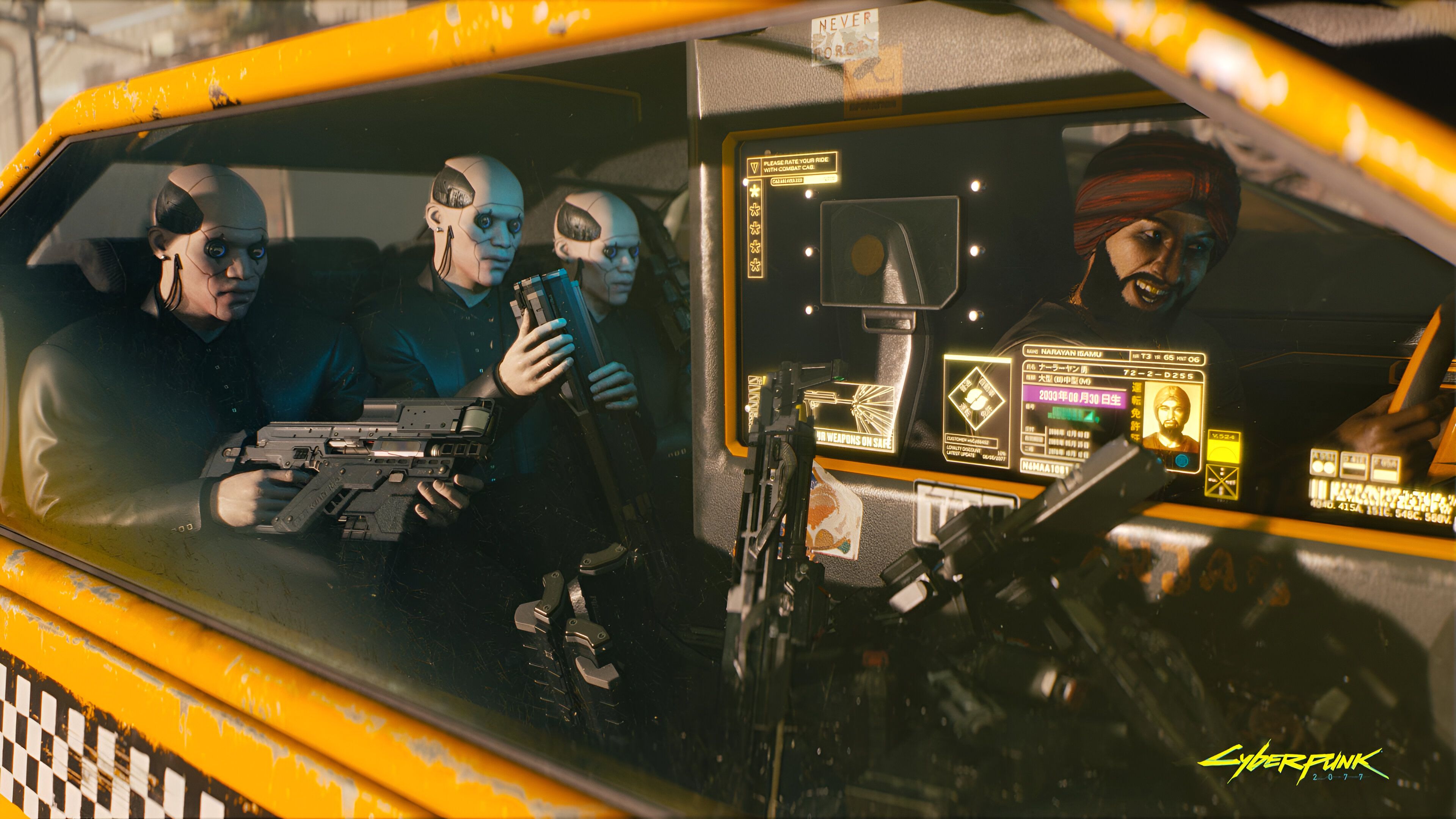 An image from Cyberpunk 2077, showing three gun-wielding passengers seated in a taxi.