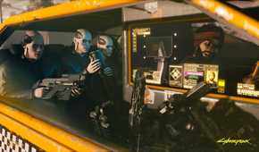 An image from Cyberpunk 2077, showing three gun-wielding passengers seated in a taxi.