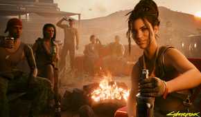 An image from Cyberpunk 2077, showing people itting around a fire and partying with drinks.