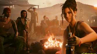 An image from Cyberpunk 2077, showing people itting around a fire and partying with drinks.