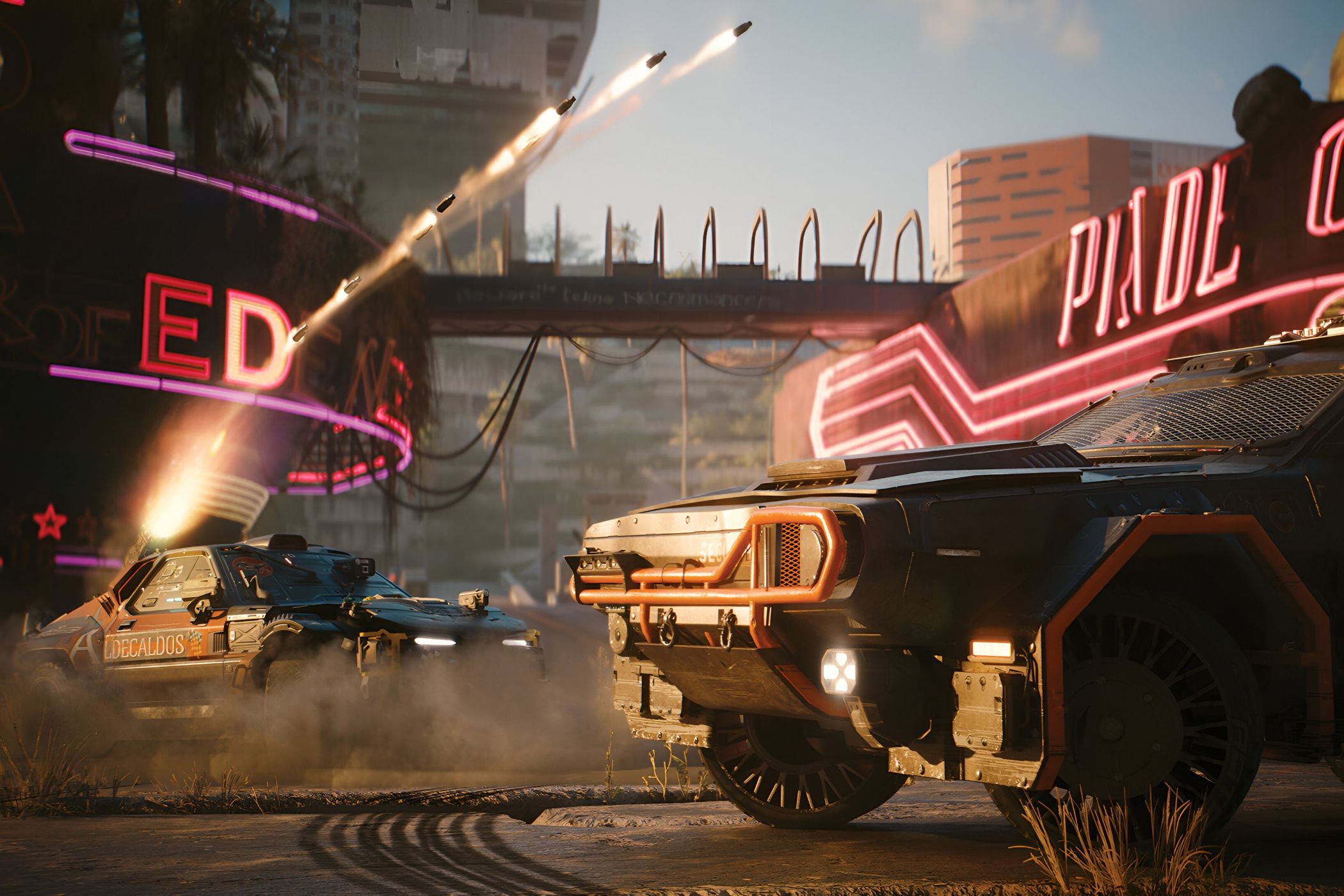 An image from Cyberpunk 2077, showing two cars engaged in combat.