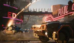 An image from Cyberpunk 2077, showing two cars engaged in combat.