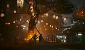 An image from Cyberpunk 2077, showing a memorial tree in Dogtown, the new district in the game.