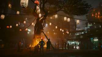 An image from Cyberpunk 2077, showing a memorial tree in Dogtown, the new district in the game.