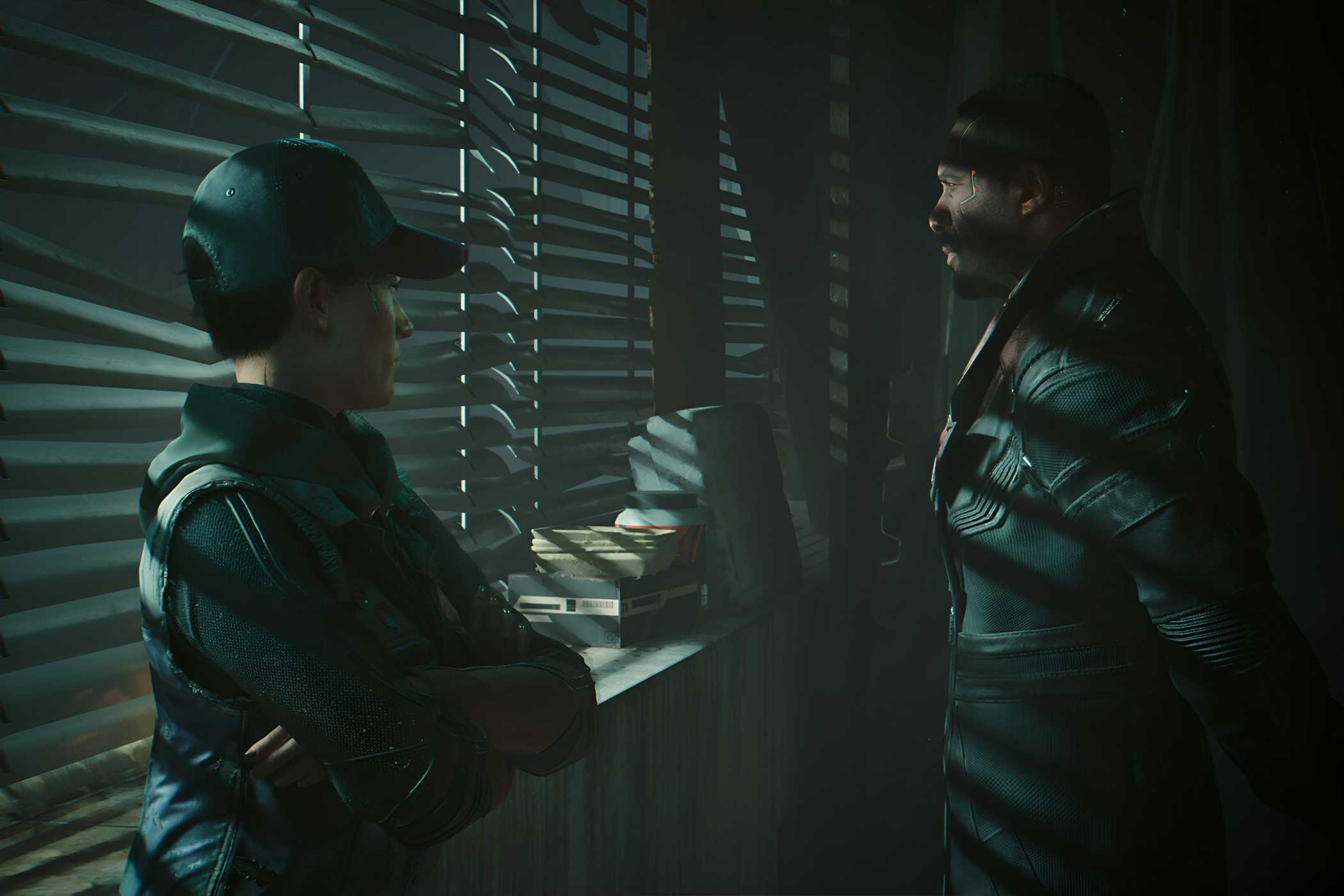 An image from Cyberpunk 2077, showing two characters standing next to a window with the blinds drawn.