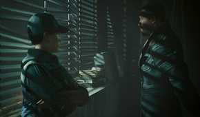An image from Cyberpunk 2077, showing two characters standing next to a window with the blinds drawn.