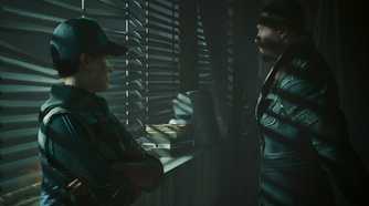 An image from Cyberpunk 2077, showing two characters standing next to a window with the blinds drawn.