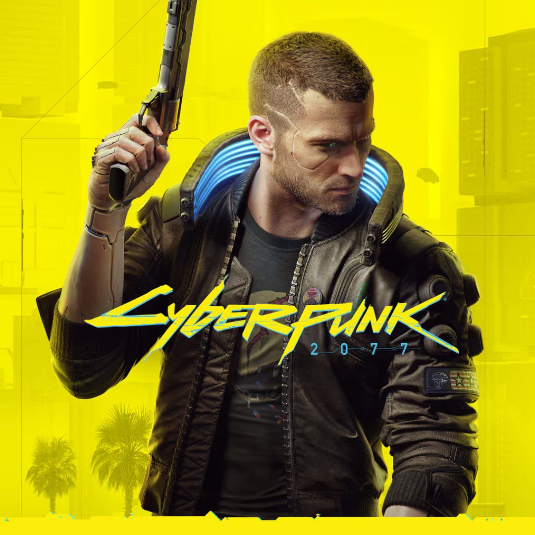 Product image for the game Cyberpunk 2077, showing a person in futuristic clothing holding a pistol in their hand while looking sideways.