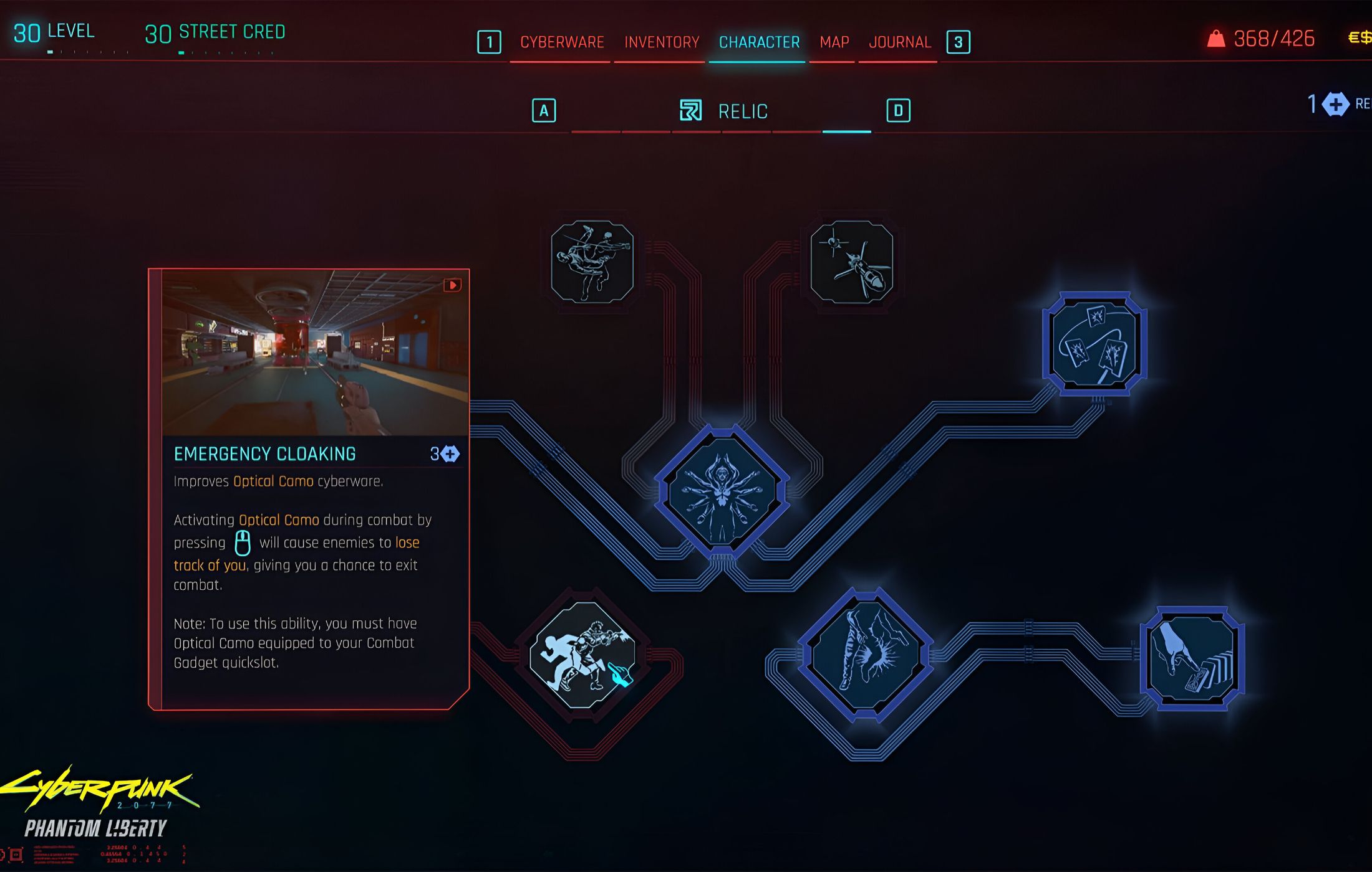 An image from Cyberpunk 2077, showing the new, DLC-exclusive "Relic" skill tree in the game.