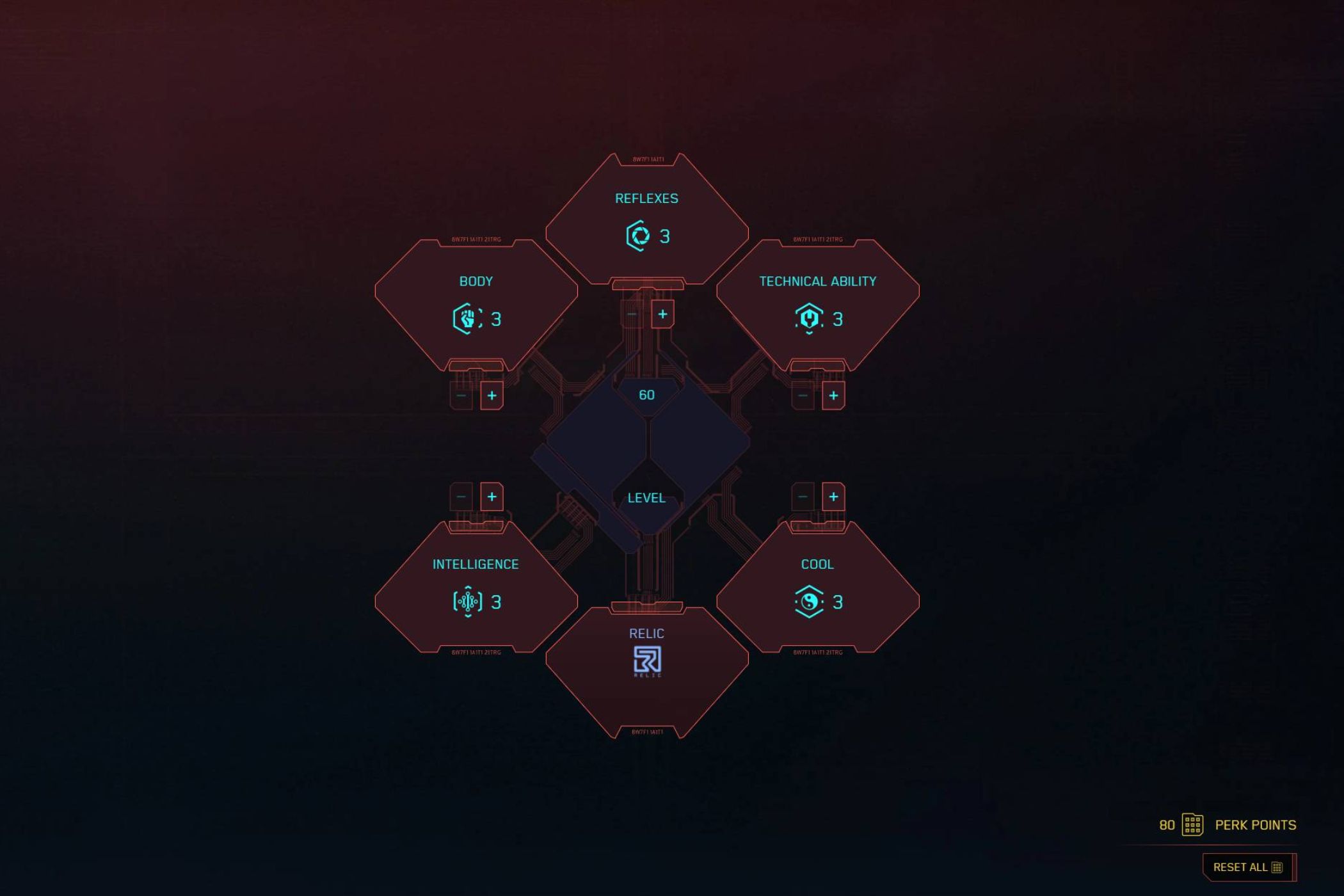 An image from Cyberpunk 2077, showing the six different skill trees in the game.