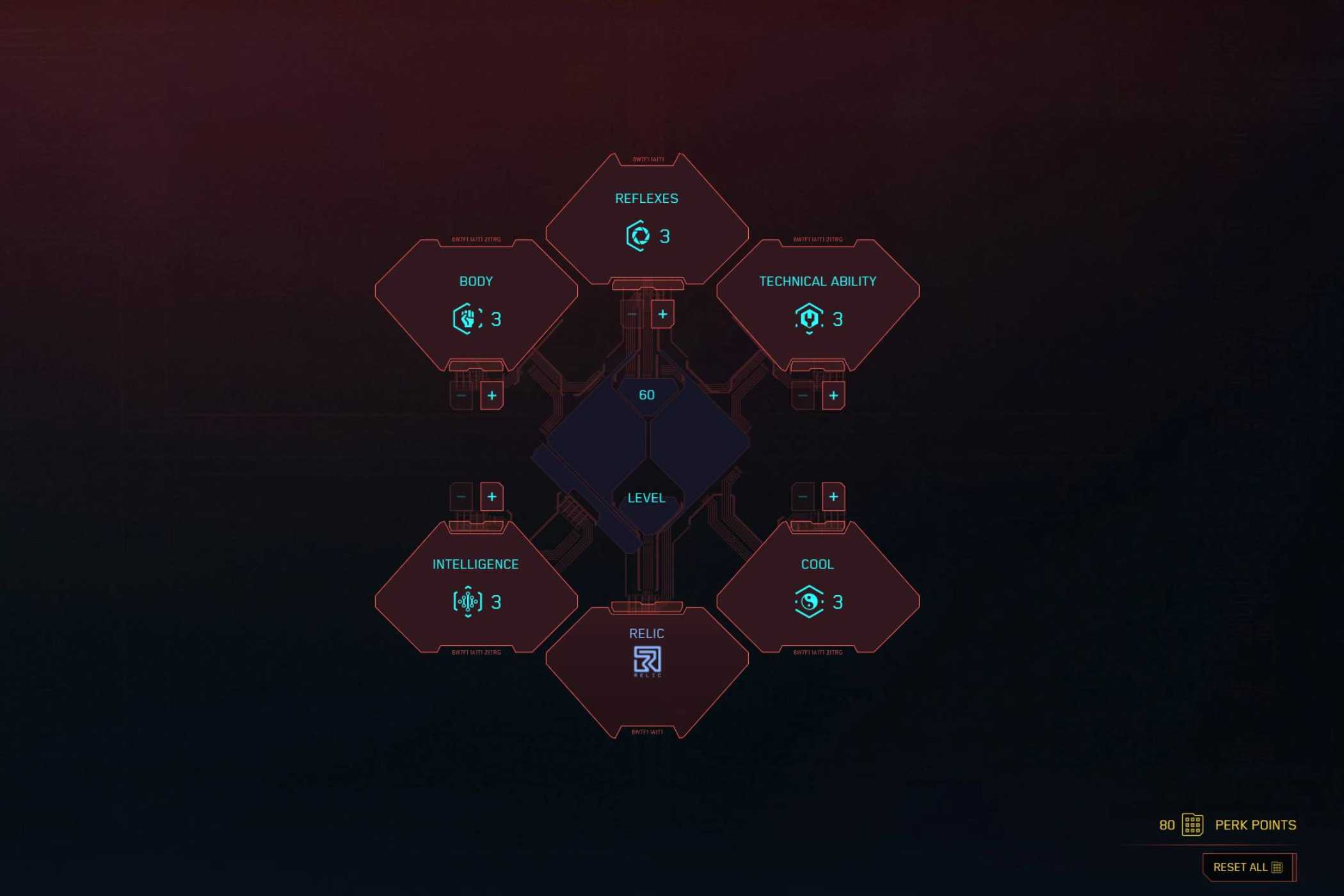 An image from Cyberpunk 2077, showing the six different skill trees in the game.