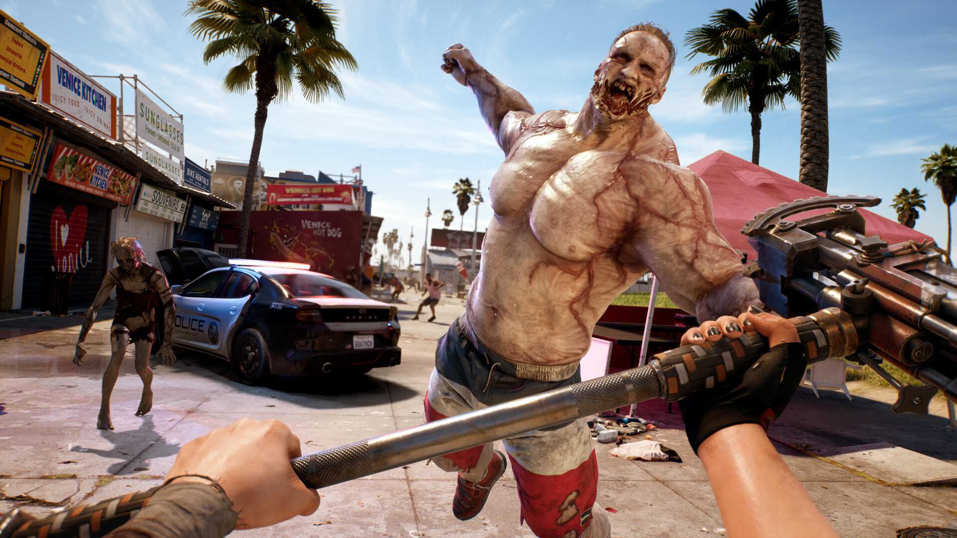 A very muscular zombie jumping and attacking the player
