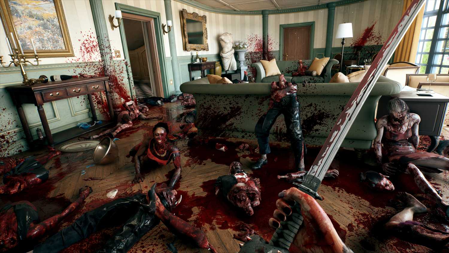 A character standing in room of zombies all bloody and cut up with a sword in their hands