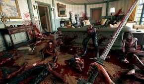A character standing in room of zombies all bloody and cut up with a sword in their hands