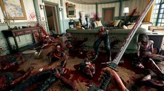 A character standing in room of zombies all bloody and cut up with a sword in their hands