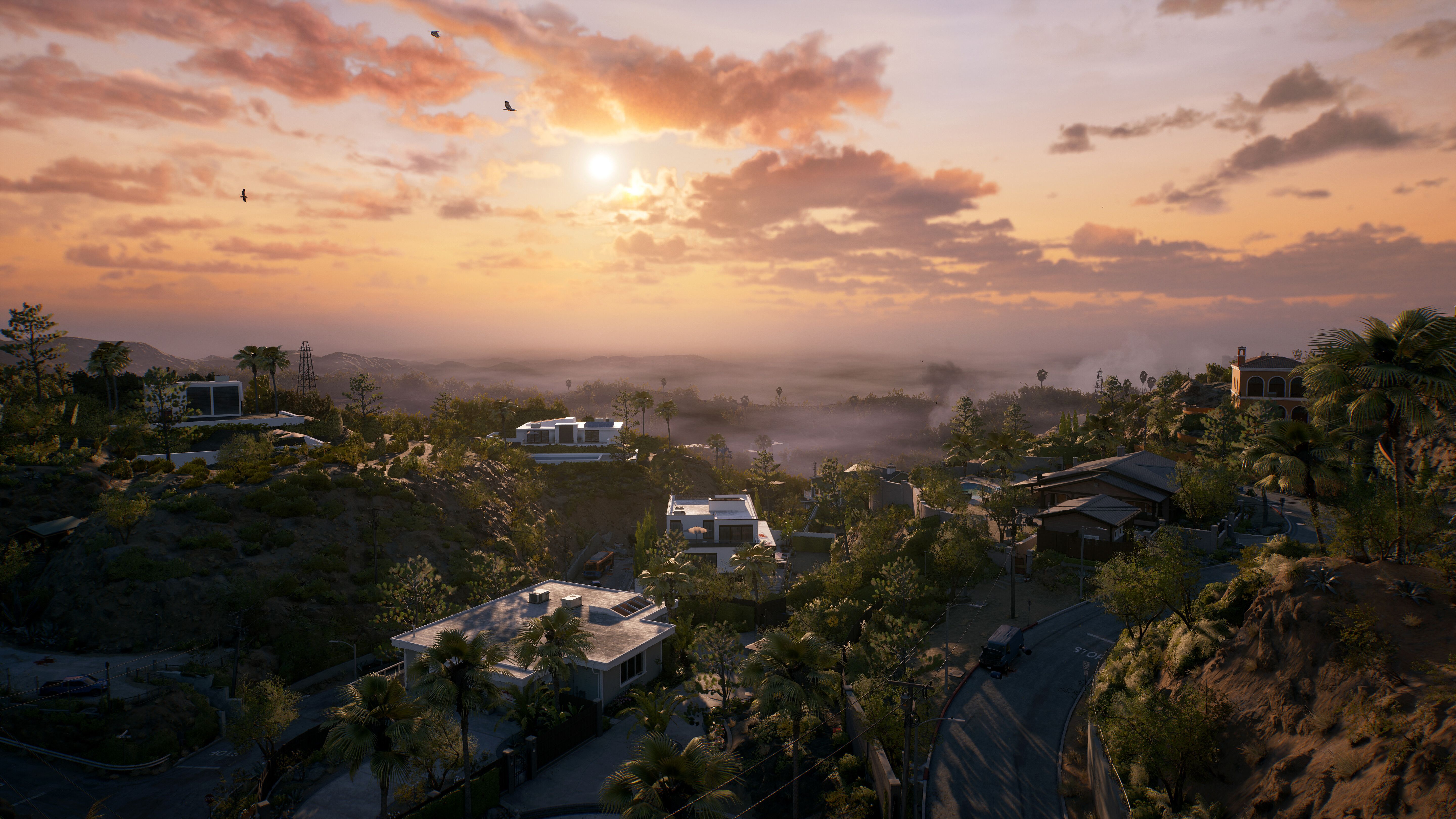 the horizon and large houses in a fictional version of California