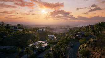 the horizon and large houses in a fictional version of California