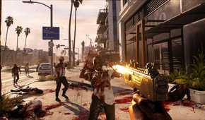A player firing gun at zombies in fictional California