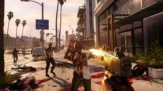 A player firing gun at zombies in fictional California