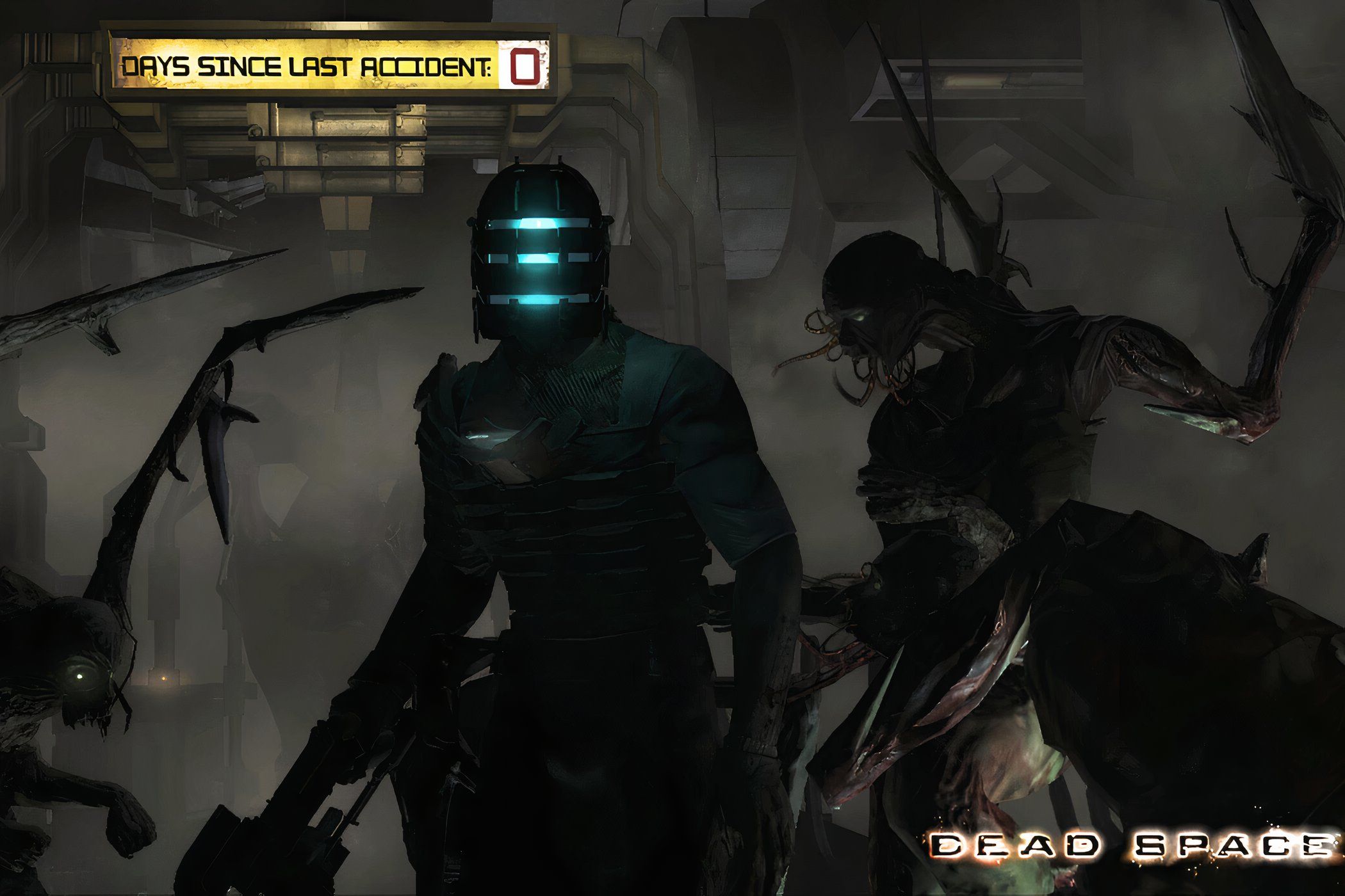 An image from 2008's Dead Space, showing a person wearing a space mining suit and holding a weapon, while being surrounded by scary alien creatures.