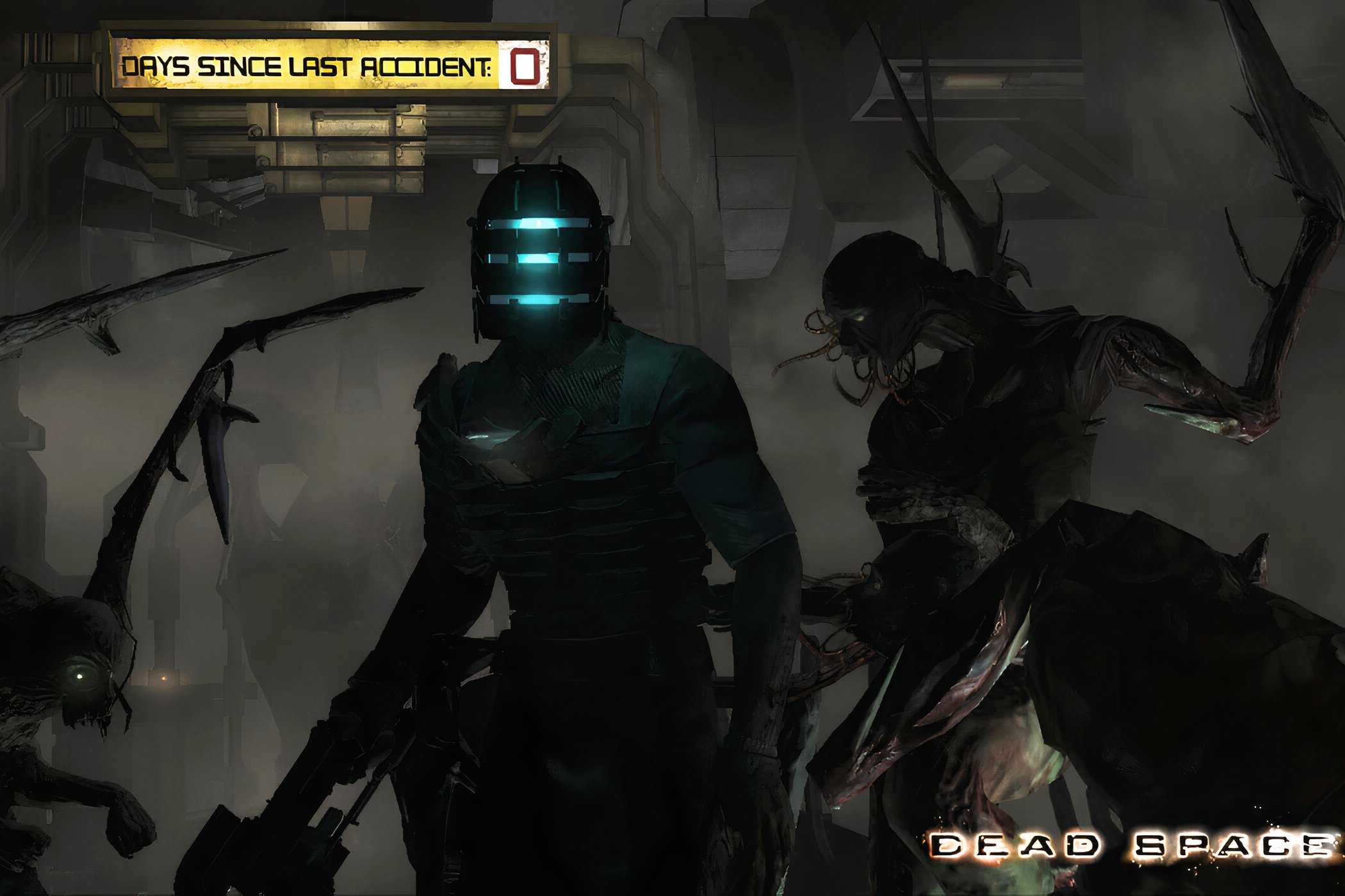 An image from 2008's Dead Space, showing a person wearing a space mining suit and holding a weapon, while being surrounded by scary alien creatures.