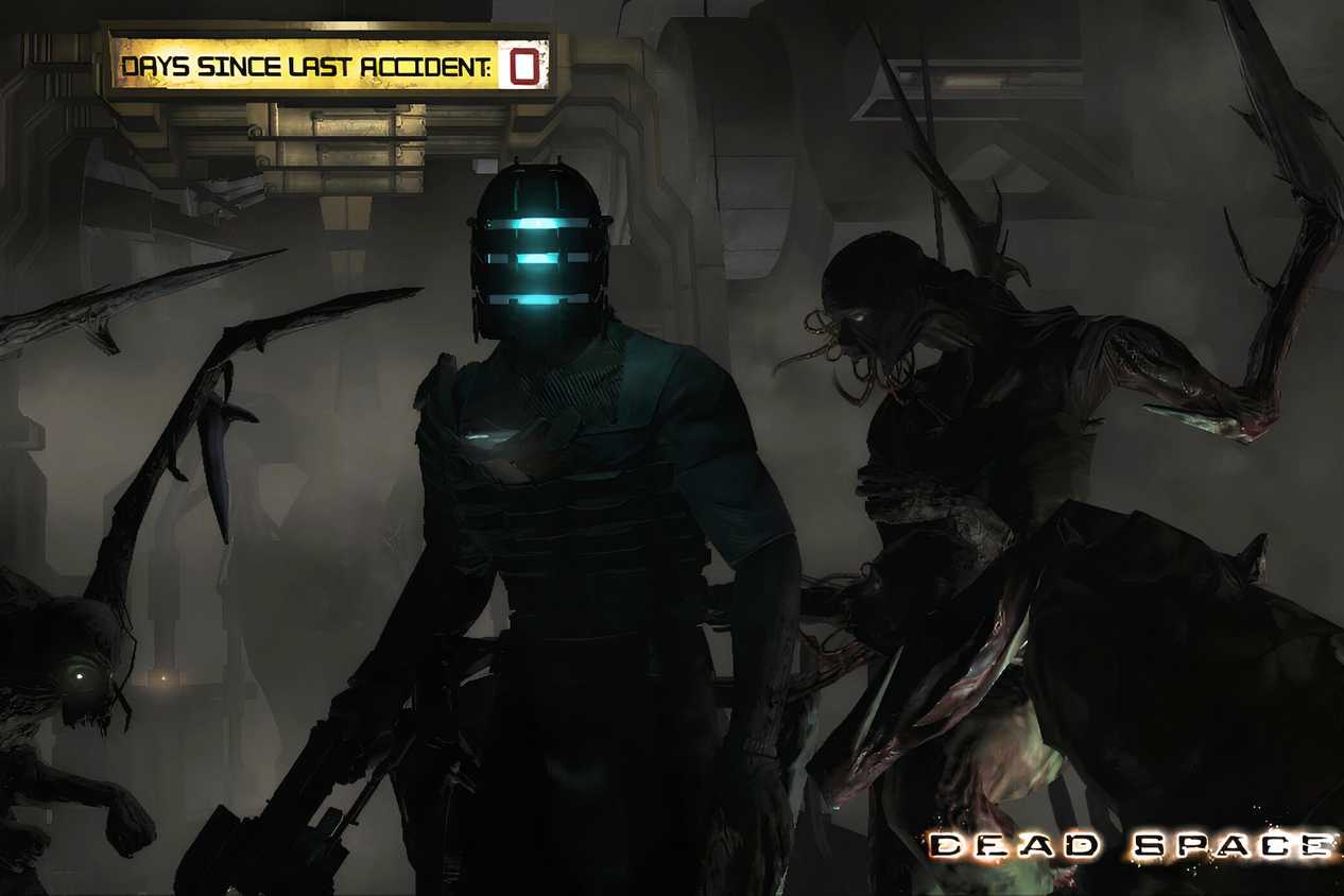 An image from 2008's Dead Space, showing a person wearing a space mining suit and holding a weapon, while being surrounded by scary alien creatures.
