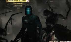 An image from 2008's Dead Space, showing a person wearing a space mining suit and holding a weapon, while being surrounded by scary alien creatures.