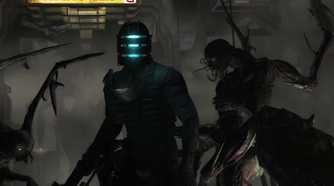 An image from 2008's Dead Space, showing a person wearing a space mining suit and holding a weapon, while being surrounded by scary alien creatures.