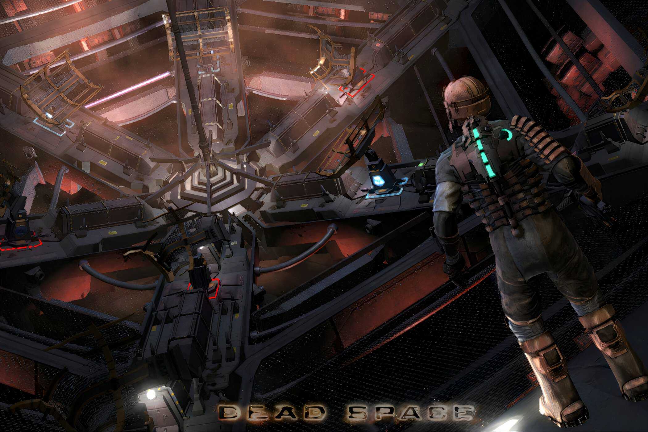 An image from 2008's Dead Space, showing a person in a space mining suit look at a huge, mechanical room.
